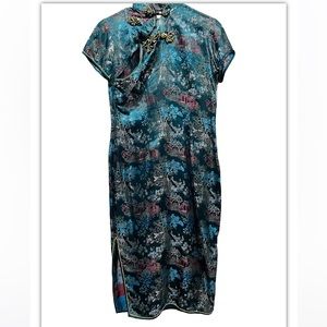 VTG Peony Brand Sz 36 Teal Blue Asian Garden Hanfu Long Robe Kimono‎ Shanghai